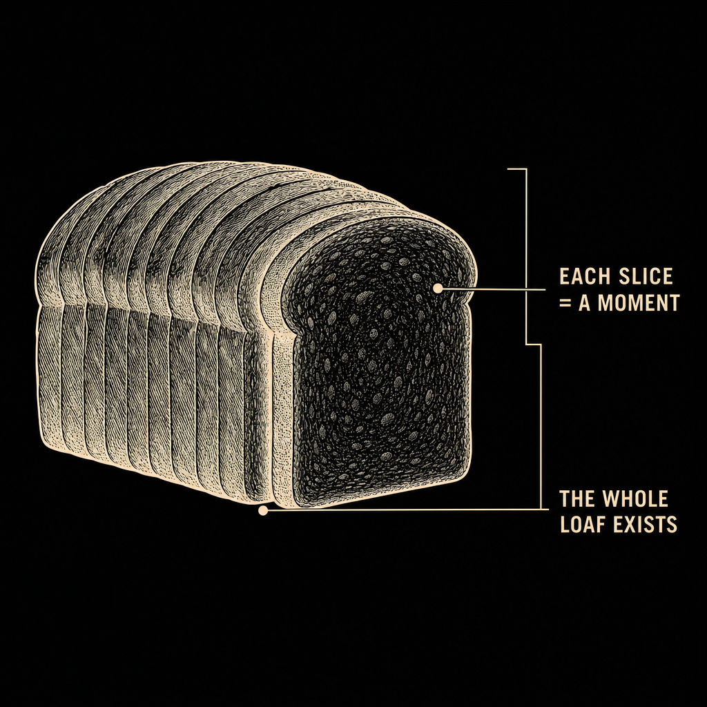 The block universe as a loaf of bread — every slice a moment, all existing at once