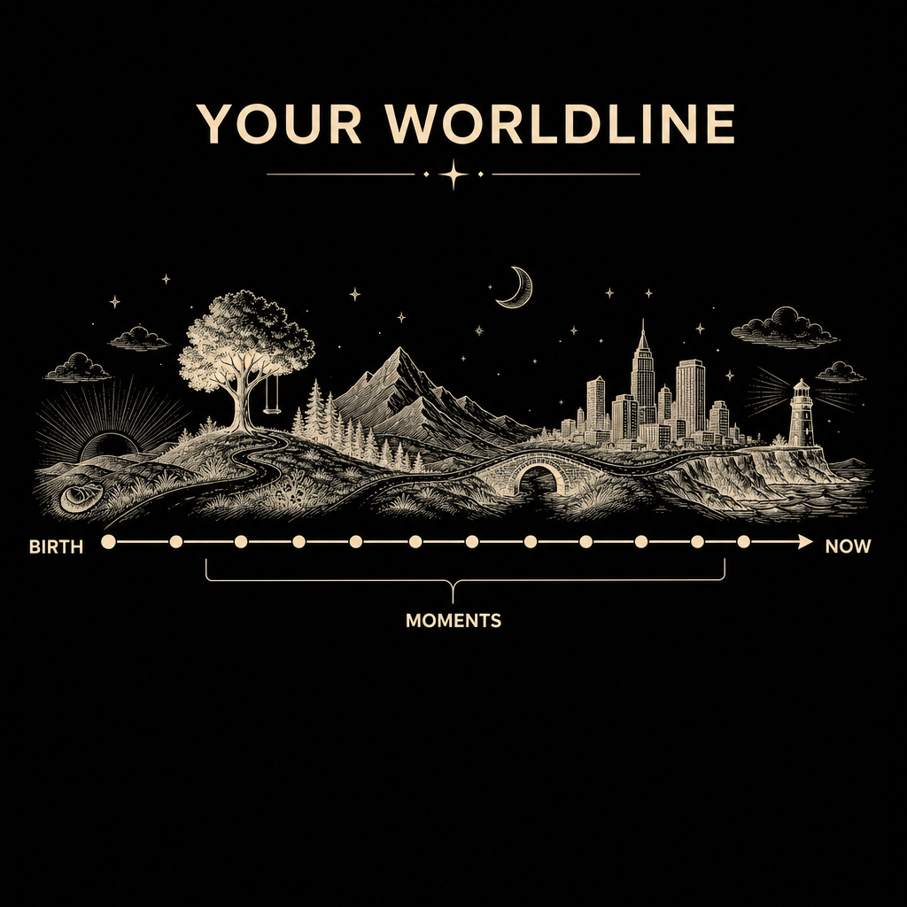 A hand-drawn worldline — a single line with marked moments
